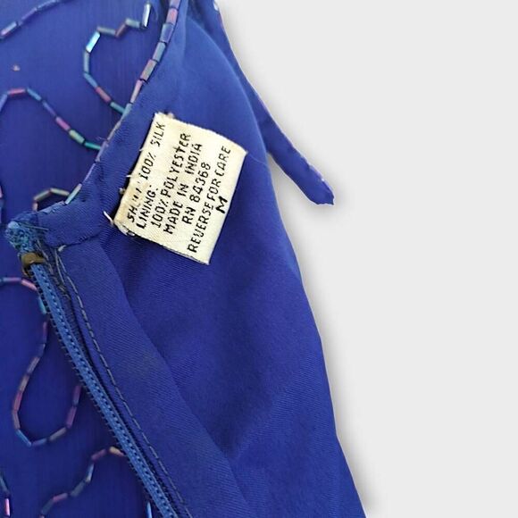 VTG Denise Elle Formal Gown‎ Sz Medium Blue Silk Beaded 80s Maxi Mermaid Glam - Picture 10 of 16